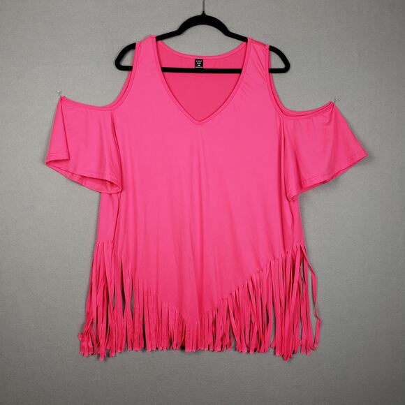 Shein Curve 2XL Cold Shoulder Fringe Hem Flounce Top Hot Pink Festival Rave - Picture 1 of 5